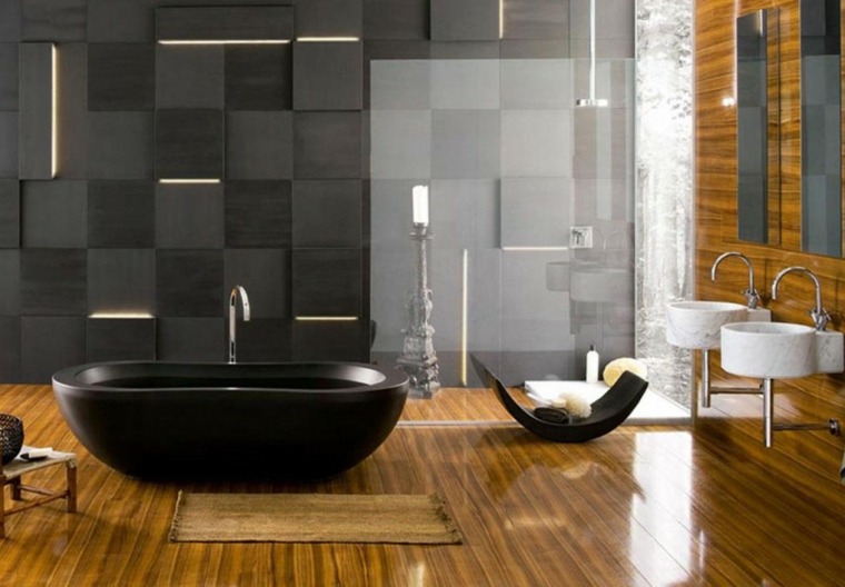 salle de bain design pierre bois idée aménagement baignoire noire cabine de douche parquet bois