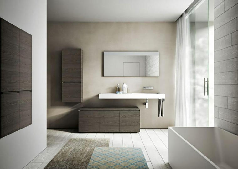 aménagement salle de bain tendance déco meuble tapis de sol miroir baignoire blanche idée design tendance moderne 