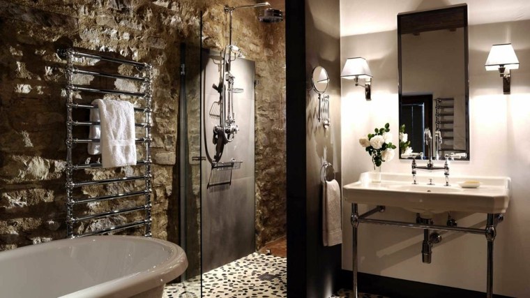 salle de bain pierre design idée aménagement moderne cabine de douche baignoire évier miroir mur 