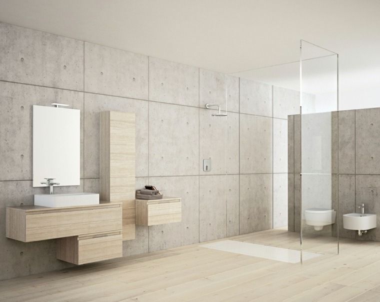 salle de bain pierre bois meuble design miroir mur cabine de douche