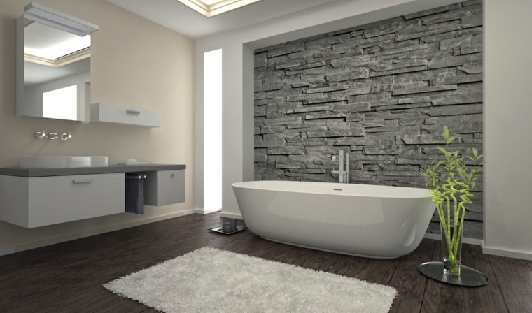 salle de bain contemporaine baignoire blanche design miroir idée plante tapis de sol blanc