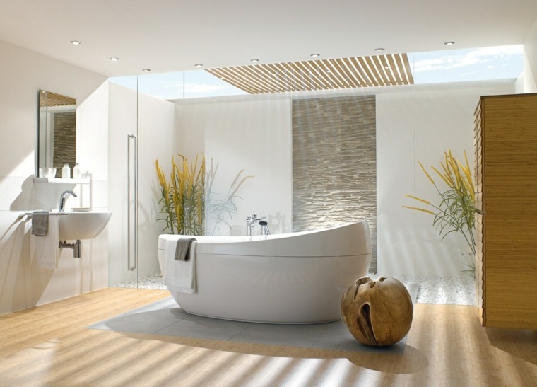 salle de bain baignoire design élégante moderne bois idée déco plante