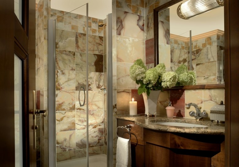 salle de bain pierre design meuble bois déco idée miroir cabine de douche