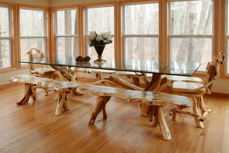mobilier en bois banc bois design brico table en berre matériaux écologique table en verre bouquet de fleurs