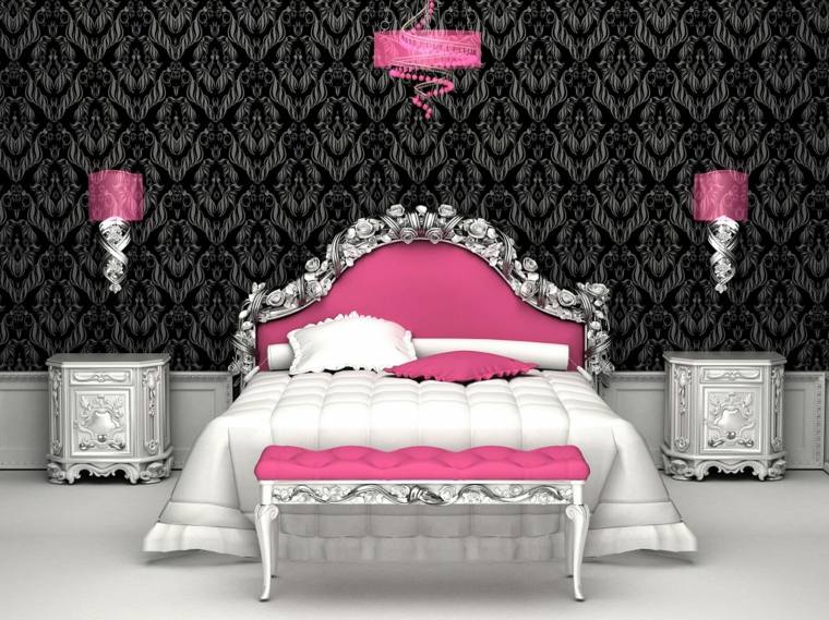 tête de lit design moderne papier peint noir idée déco tête de lit rose luminaire suspension banc matelassé