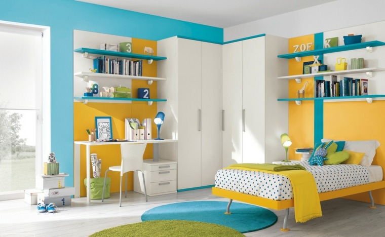 intérieur chambres enfant idée chambre couleur jaune bleu blanc tapis de sol rond 