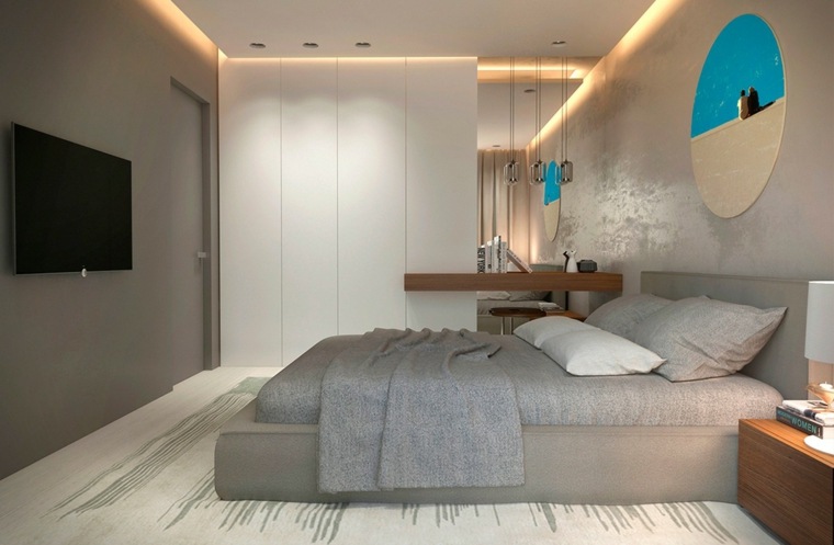 chambre à coucher idée décoration intérieur moderne lit suspension meuble bois tapis de sol 