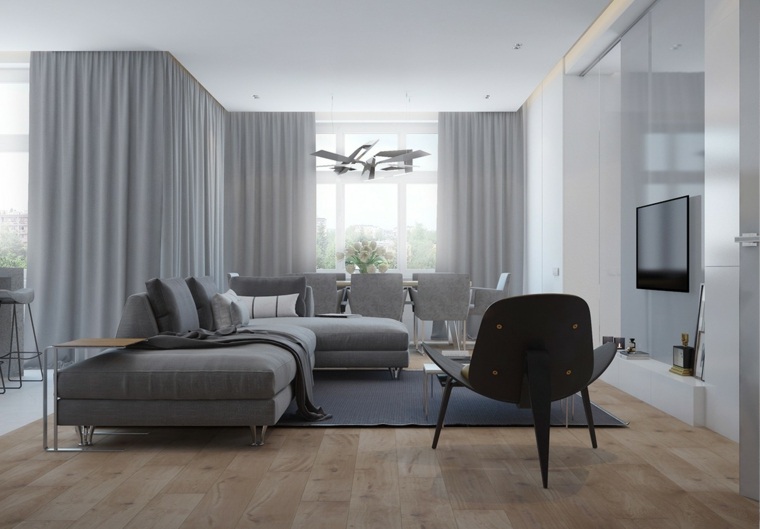 canapé d'angle gris design tapis de sol chaise rideaux salon idée 
