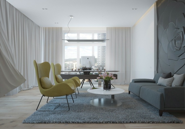 salon moderne en gris tapis de sol fauteuil jaune coussins table basse canapé rideaux blancs