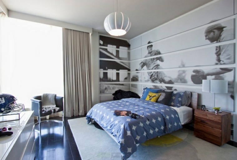 décoration murale originale design chambre à coucher moderne luminaire suspension meuble bois design fauteuil noir