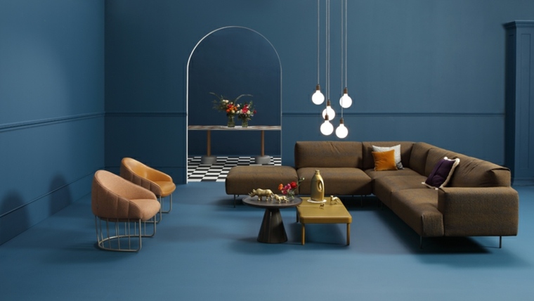 canapé d'angle design intérieur moderne bleu luminaire suspension fauteuil table basse design déco moderne coussins