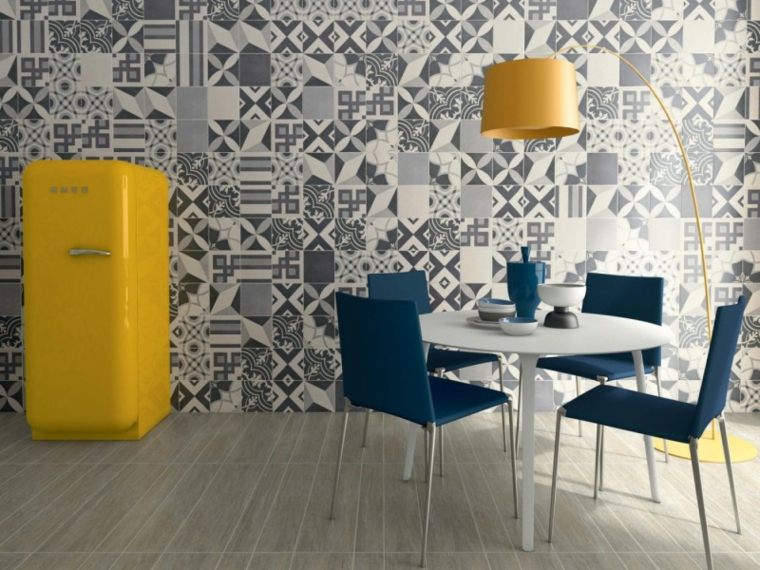 carrelage ou papier peint design déco mur salle à manger frigo jaune