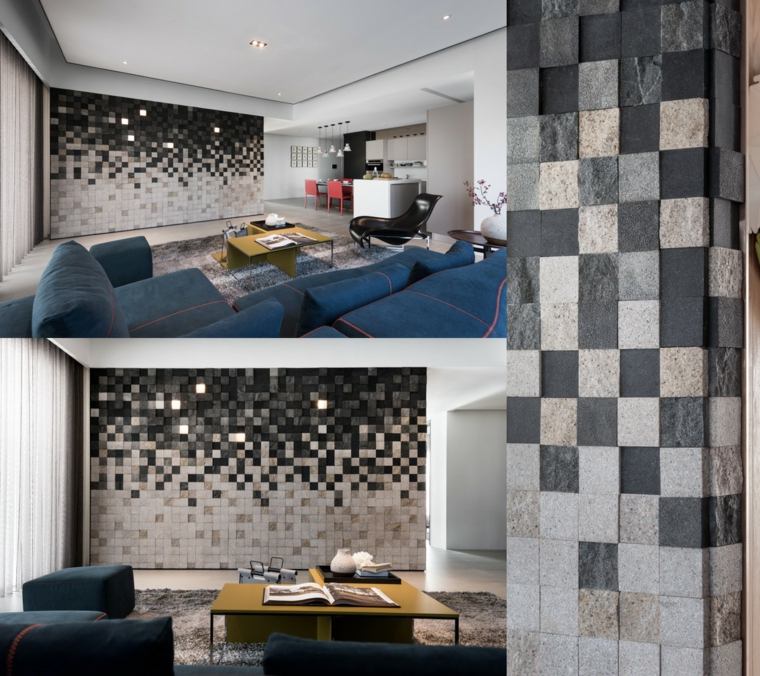 salon intérieur moderne design mur briquettes pierres canapé design salon table basse bois