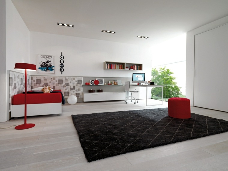 chambre intérieur design lit rouge étagère tapis de sol noir tabouret rouge design moderne lampe 