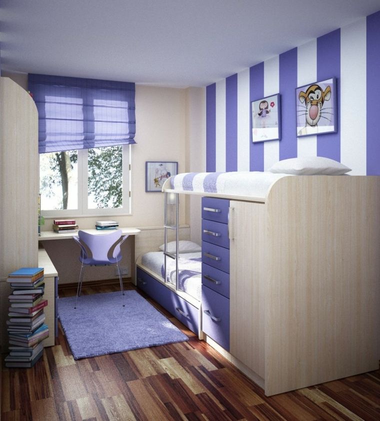 lit 2 places mezzanine chambre enfant idée blanc violet design tapis de sol bureau en bois chaise déco cadres mur 