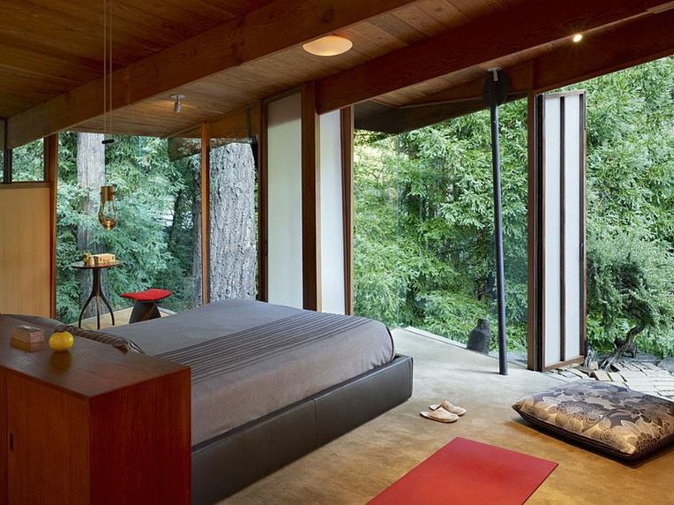 chambre décoration japonaise design lit luminaire suspension meuble bois coussins