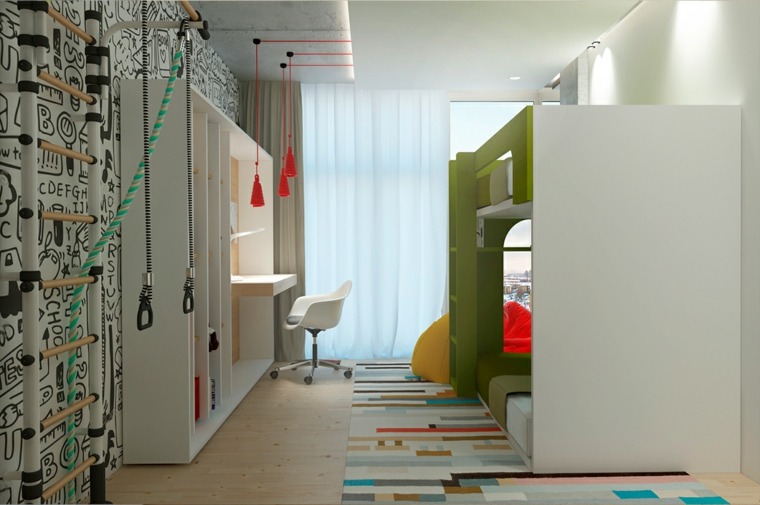 chambre enfant moderne idée aménagement tapis de sol rideaux papier peint noir blanc original