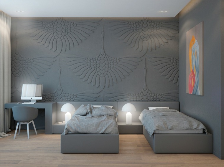intérieur moderne idée aménagement lit déco bureau chaise tableau mur papier peint 3D design