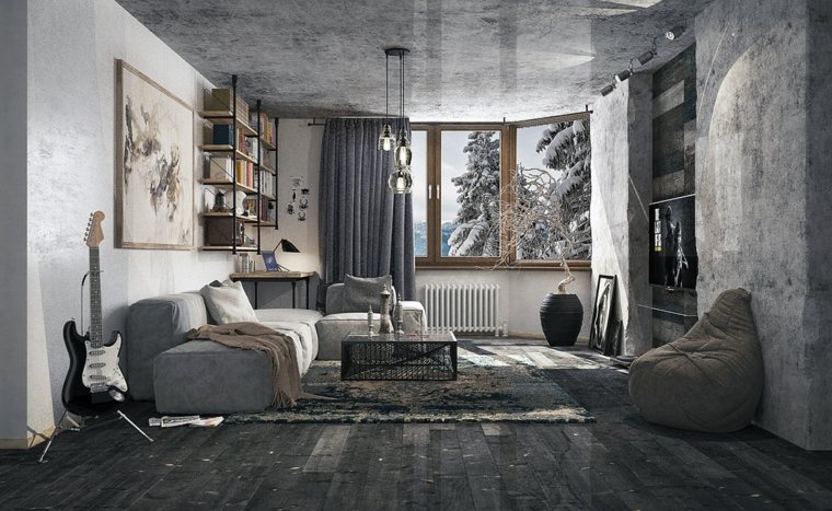 habiller un mur chambre design idée déco salon luminaire suspension fauteuil gris étagères bois rangement