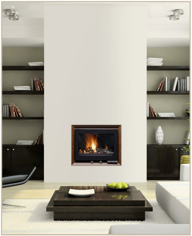 habillage cheminée moderne design contemporain salon intérieur étagères bois table basse bois canapé blanc tapis de sol blanc