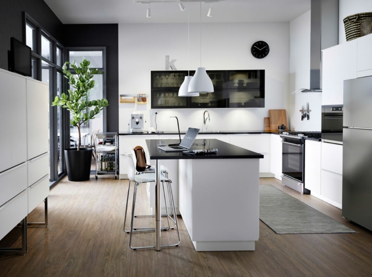 cuisine intérieur design contemporain aménagement îlot central noir et blanc luminaires suspension design meuble bois déco plante 