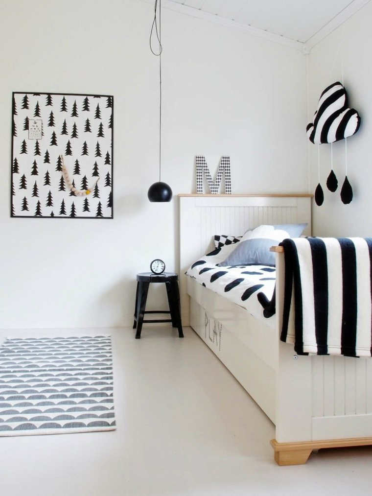 intérieur design noir et blanc cadre déco mur tapis de sol luminaire suspension design idée 