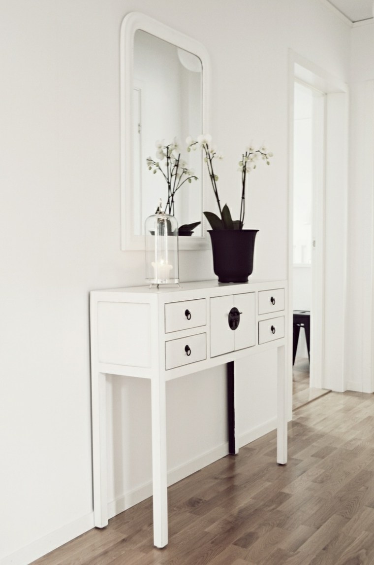 intérieur scandinave minimaliste noir et blanc guérion bois blanc pot de fleurs noir miroir cadre blanc
