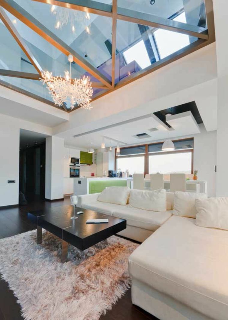 salon moderne canapé d'angle blanc tapis de sol table basse bois luminaire suspension faux plafond verre bois design idée