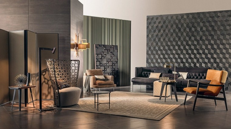 intérieur salon habiller un mur effet 3D design tapis de sol beige fauteuil canapé noir cuir chaise rangement étagères paravent