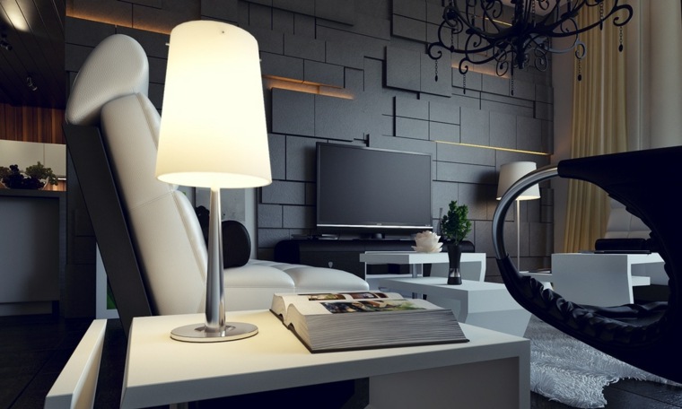habiller un mur salon noir design idée luminaire meuble tv suspension fauteuil design 