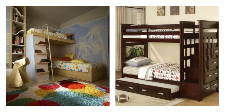 lit 2 places mezzanine idée chambre enfant gain de place meuble en bois tapis de sol coloré