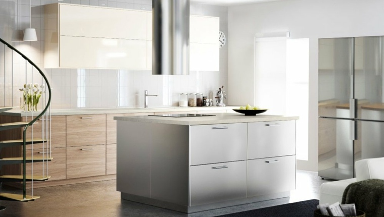 ikea ilot central gris design idée hotte aspirante meuble cuisine bois design idée espace ouvert aménagement 