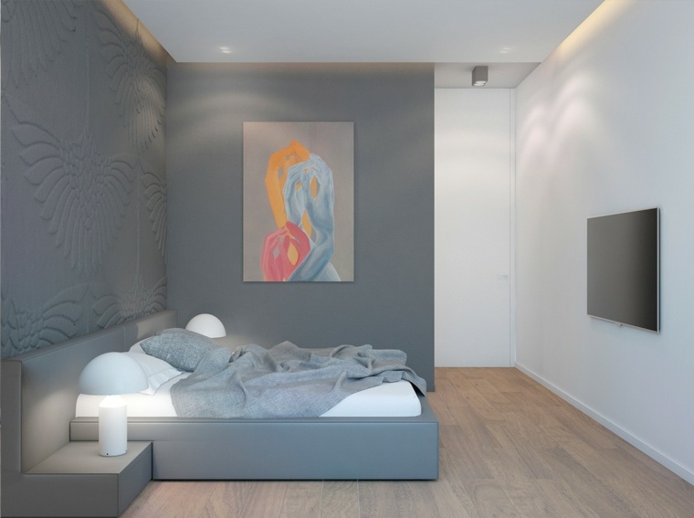 intérieur chambre à coucher déco mur tableau abstrait lit design lampe meuble mur télé