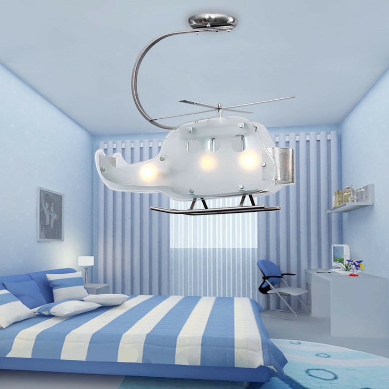 chambre enfant éclairage idée original rideaux bleus chambre bleu enfant design bureau bois étagère 