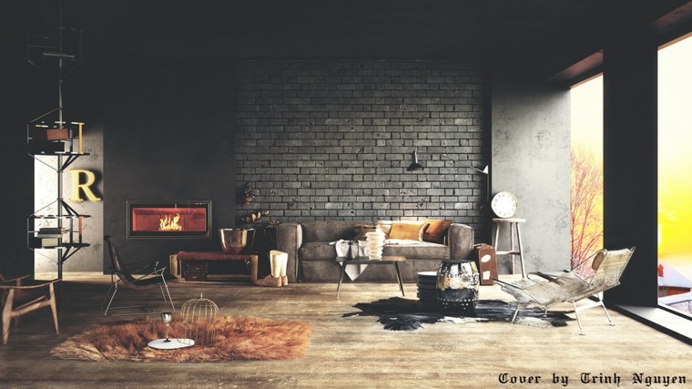 habiller un mur briques noires idée carrelage mural luminaire suspension design canapé coussins tapis de sol fauteuil design bois moderne