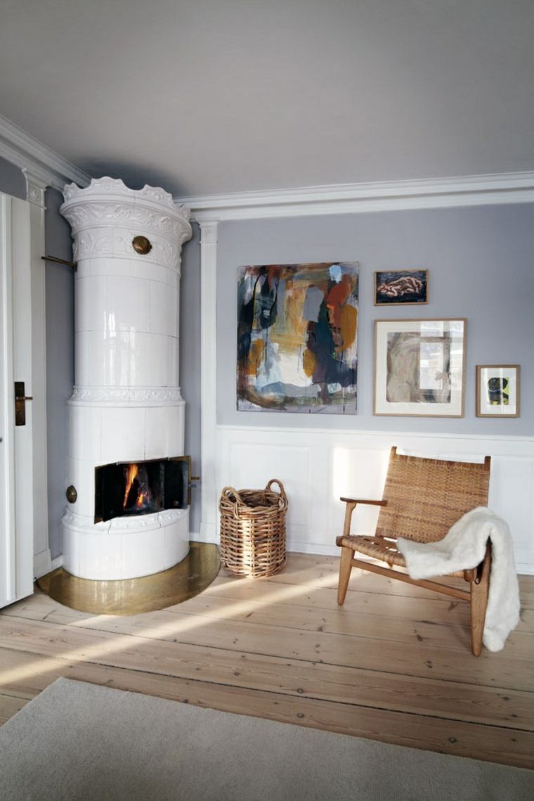 cheminée blanche design habillage métal pierre déco mur salon idées 