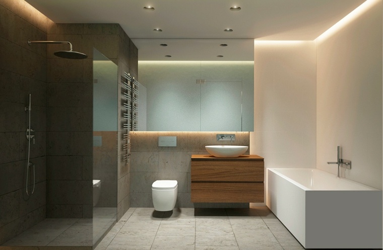 aménager son intérieur salle de bains design meuble bois baignoire miroir mur design carrelage faux plafond éclairage