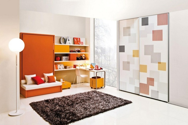 meuble enfant chambre orange design tapis de sol éclairage idée rangement chaise 