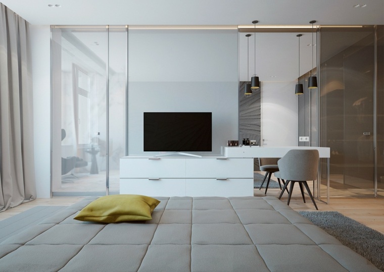 chambre moderne aménagement meuble TV bureau blanc bois chaise luminaire suspension