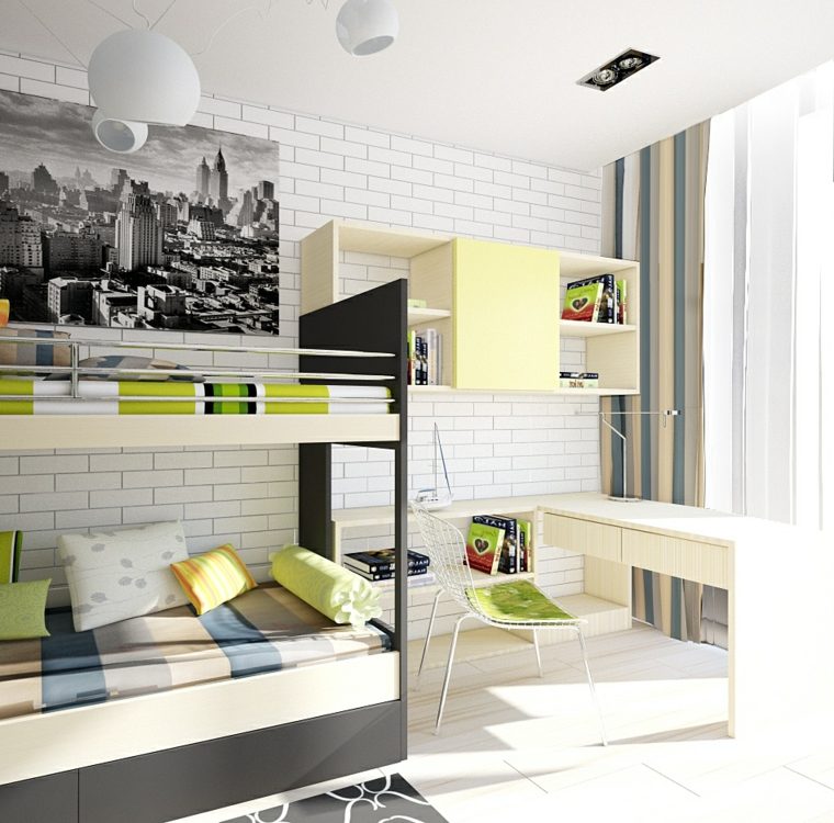 lit mezzanine 2 places idée chambre enfant gain de place meuble bois design luminaire suspension