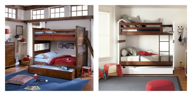 lits superposés chambre enfant idée gain de place bois design tapis de sol bleu