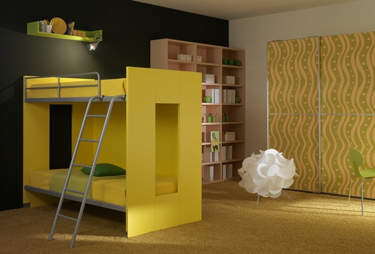 lit mezzanine jaune superposé design déco mur armoire étagères bois