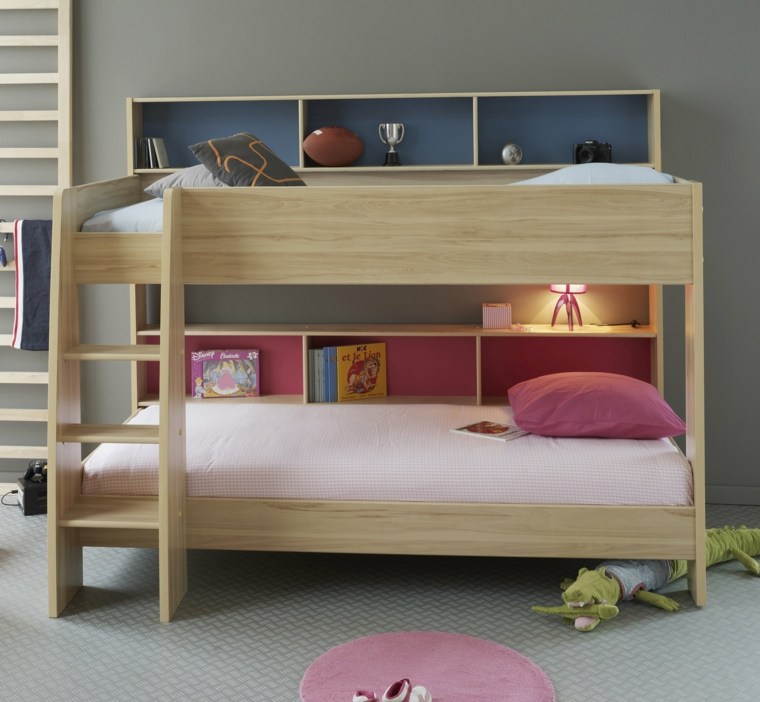 lit superposé bois échelle bois déco coussins étagères échelle bois design idée 