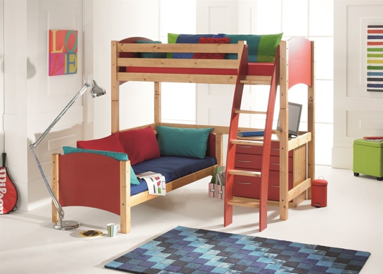 lit 2 places mezzanine bois tapis de sol bleu idée gain de place chambre enfant déco cadre idée canapé design 