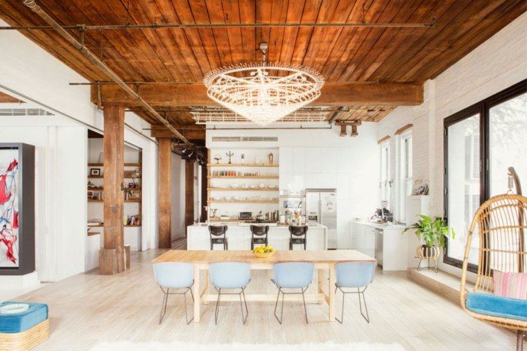 loft contemporain design cuisine salle à manger tabel bois chaise luminaire idée design industriel williamsburg