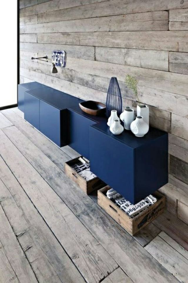 meuble bois foncé bleu design idée rangement intérieur moderne parquet bois déco lampe objets design