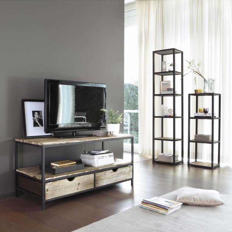 meuble tv bois métal design idée aménagement moderne salon intérieur moderne design maisons du monde