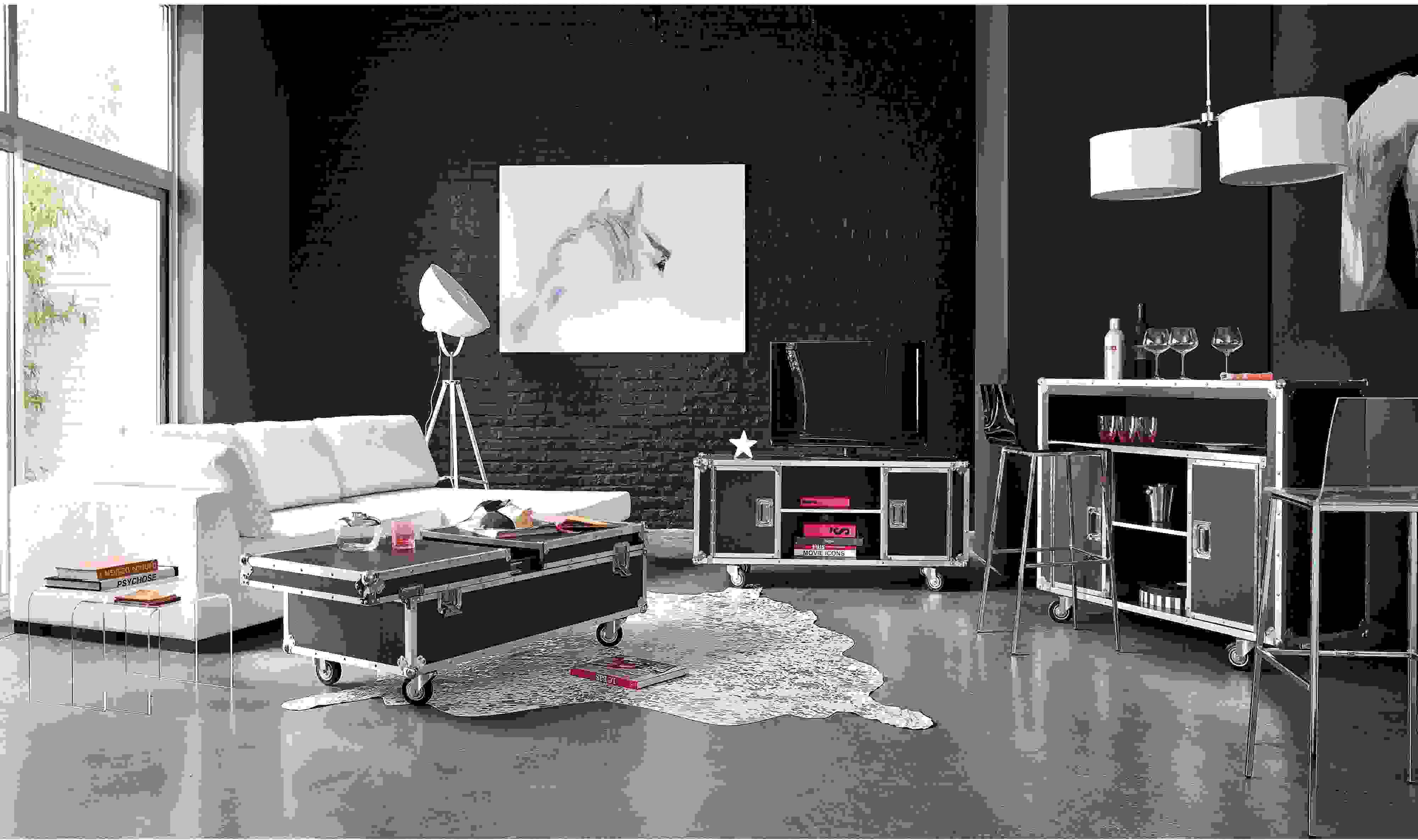 meuble Tv design moderne intérieur industriel design tapis de sol blanc table basse roulettes déco intérieur salon noir