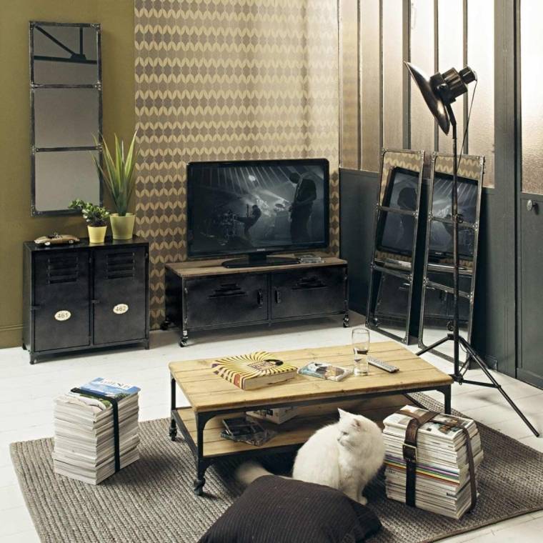 intérieur moderne design meuble tv bois salon déco papier peint table basse bois 
