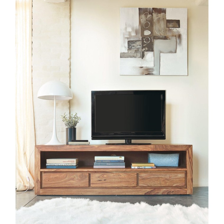 meuble bois tv design idée déco mur tableau maisons du monde lampe blanche 